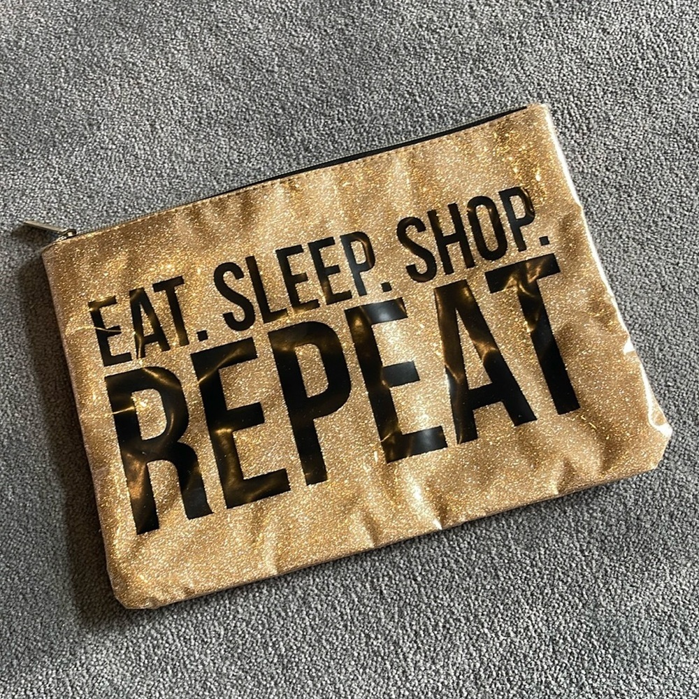 EAT SLEEP SHOP REPEAT GOLD GLITTER MAKEUP CASE